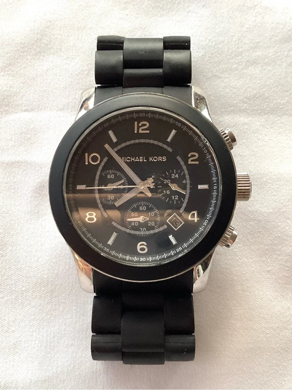 Michael Kors Black Silver Chronograph Silicone Watch New Batteries w/MK Dust Bag